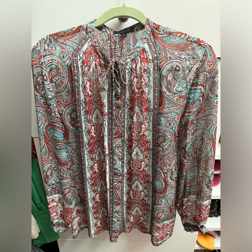 Rachel Zoe Silk Peasant Neck Tie Blouse Paisley